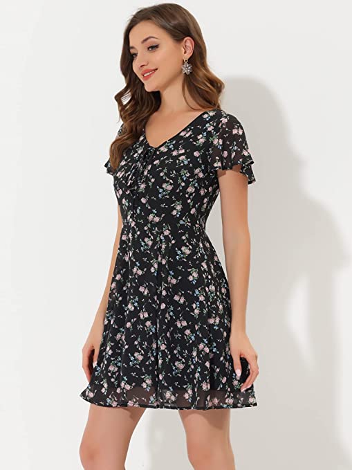 Photo 1 of Allegra K Women's Floral Printed Spring Summer Flare Short Sleeve Lace-up V Neck Chiffon Dress

