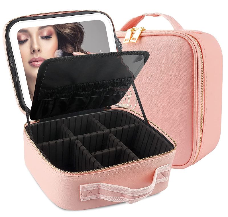 Photo 1 of  Travel Makeup Case with Large Lighted Mirror Partitionable Cosmetic Bag Professional Cosmetic Artist Organizer, Waterproof Portable, Accessories/ Tools Case Pink Mirrorpink01
