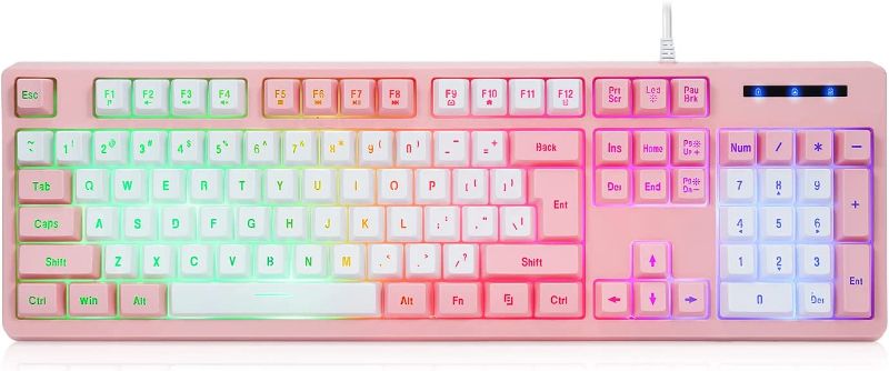 Photo 1 of DOBE FOMIS ELECTRONICS 104 Gaming Keyboard USB Wired Keyboard, Quiet Ergonomic Water-Resistant Feeling Keyboard, Rainbow LED Backlit Keyboard for Desktop, Computer, PC, (White & Pink)

