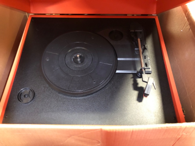 Photo 3 of Arkrocket 3-Speed Bluetooth Record Player Retro Turntable with Built-in Speakers and Removable Legs (Orange)