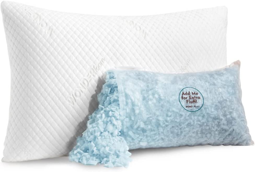 Photo 1 of WONDERfoam Adjustable Memory Foam Bed Pillow, Gel-Infused Shredded Filling, Firm Comfort Neck Support for Back, Stomach and Side Sleeper, Removable and Washable Quilted Cover, 20x30 Queen Size

