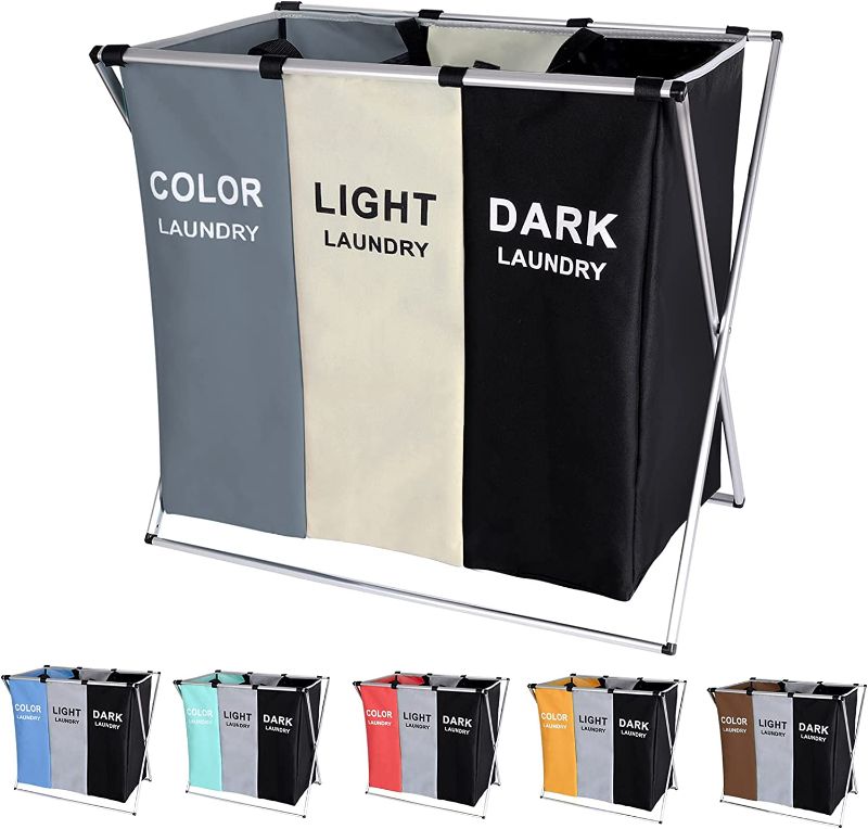 Photo 1 of 135L Laundry Cloth Hamper Sorter Basket Bag Bin Foldable 3 Sections with Aluminum Frame 24'' × 14'' x 23'' Washing Storage Dirty Clothes Bag for Bathroom Bedroom Home (White+Grey+Black)
