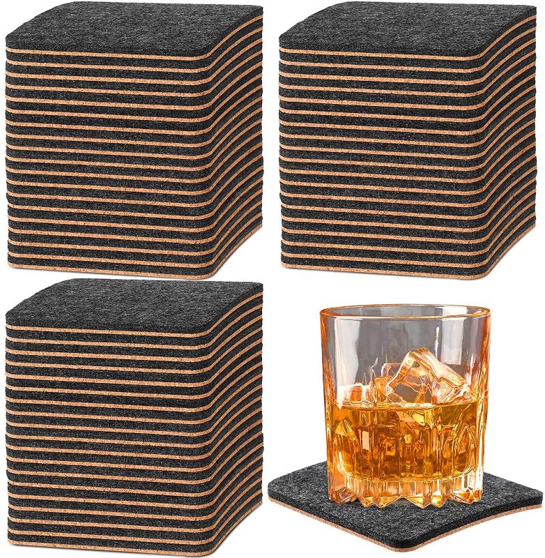 Photo 1 of 48 Pieces Black Coasters for Drinks Two Sided Drink Coasters with a Scratch Preventing Cork Side and Condensation Absorbing Felt Side for Coffee Table Kitchen Home
