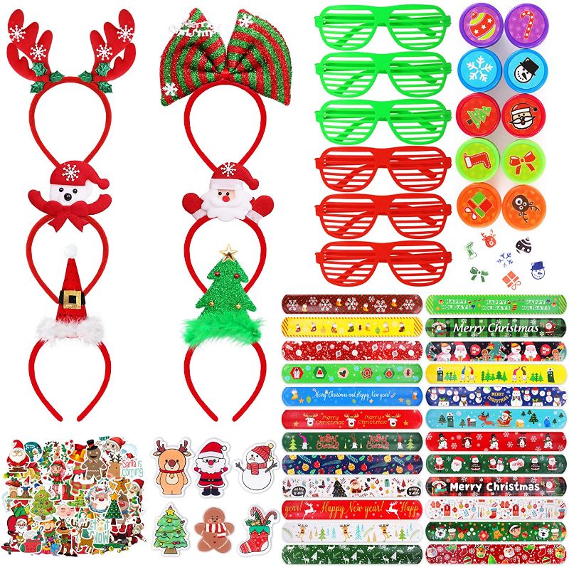 Photo 1 of 108 PCS Christmas Party Favors for kids Class Christmas Party Supplies Decorations - Holiday Classroom Party Favors Toys Christmas Accessories Kit Includes 6 Headbands,6 Glasses, 24 Slap Bracelets, 10 Stamps, 6 Brooches and 56 Stickers
