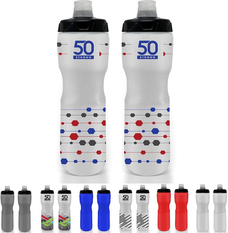 Photo 1 of 50 Strong 28 oz. Sports Squeeze Water Bottle with Premium One-Way Valve Cap - Two Pack of Squirt Bottles - Fits in Most Bike Bottle Holders - Made in USA (Red Blue)
