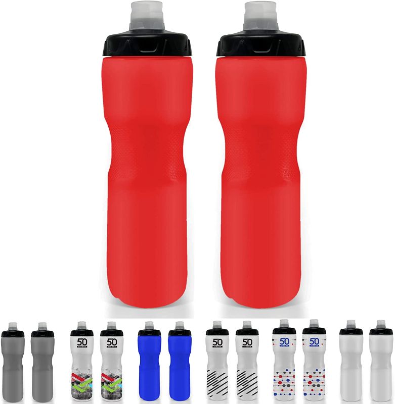 Photo 1 of 50 Strong 28 oz. Sports Squeeze Water Bottle with Premium One-Way Valve Cap - Two Pack of Squirt Bottles - Fits in Most Bike Bottle Holders - Made in USA (Red)
