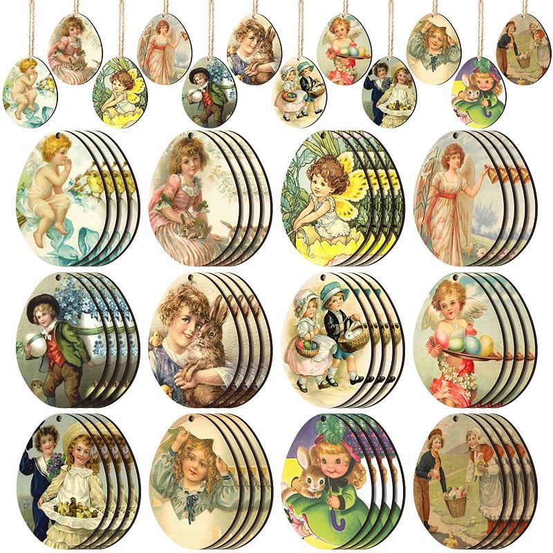 Photo 1 of 48 Pieces Easter Hanging Ornaments for Tree Vintage Easter Style Egg Shape Wood Ornaments Retro Spring Wooden Slices Cutouts Decorations Classic Hanging Tags with Rope for Easter Party Tree Home Decor
