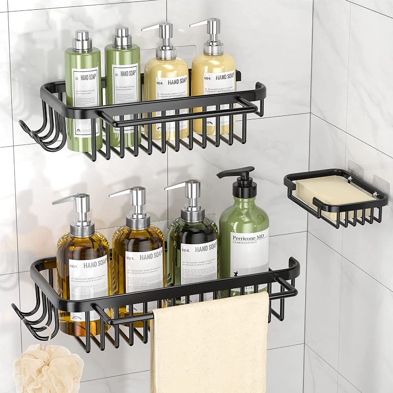 Photo 1 of 3Pack Shower Caddy, Shower Organizer with Soap Dish, No Drilling Shower Storage Wall Mount Rustproof Bathroom Organizer Shampoo Holder Kitchen Rack Adhesive Shower Shelves for Inside Shower Black
