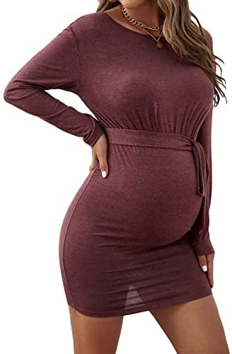 Photo 1 of Cozyease Women's Maternity Drop Shoulder Belted Bodycon Dress Off The Shoulder Elegant High Waist Short Dress
size small