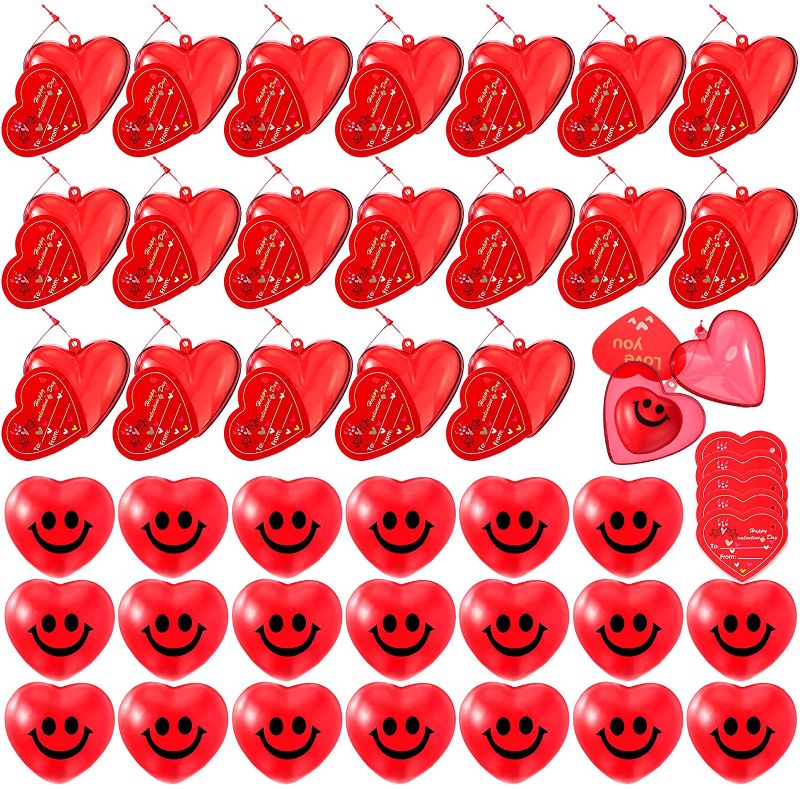 Photo 1 of 65 Pcs Valentines Party Favors Set, 20 Heart Stress Balls 20 Red Heart Shaped Plastic Containers and 25 Valentine Cards for Classroom Exchange Valentines Day Gifts for Game Prizes Carnival
