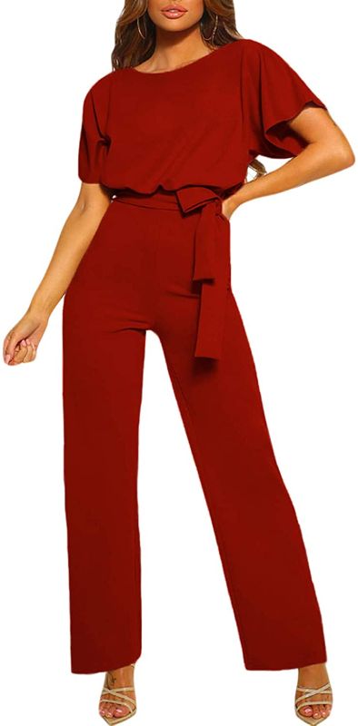 Photo 1 of ASYOLY Jumpsuits for Women Casual Loose Batwing Sleeve Crewneck Rompers Long Pants Belted Wide Legs Overall SIZE MEDIUM