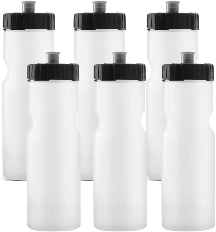 Photo 1 of 50 Strong Sports Water Bottle | 6 Pack of Reusable Squeeze Water Bottles | 22 oz. BPA-Free Plastic Bottles with Pull Top Cap | Made in USA | Top Rack Dishwasher Safe | Fits Most Bike Cages
