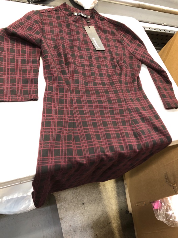 Photo 2 of Allegra K Women's Mock Neck 3/4 Sleeve Slim Check Office Work Plaid Dress SIZE Small Dark Red