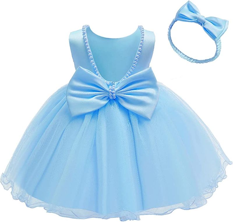 Photo 1 of 6M-6T Big Bowknot Toddler Baby Girls Backless Party Wedding Ball Gown Princess Lace Dress with Headwear BLUE-D 6-12 Months