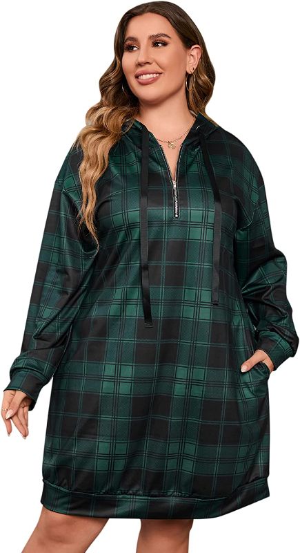 Photo 1 of KOJOOIN Women's Plus Size Long Sleeve Dress V Neck Plaid Hoodie Dress Midi Pullover Sweatshirt Top with Pockets
size xl