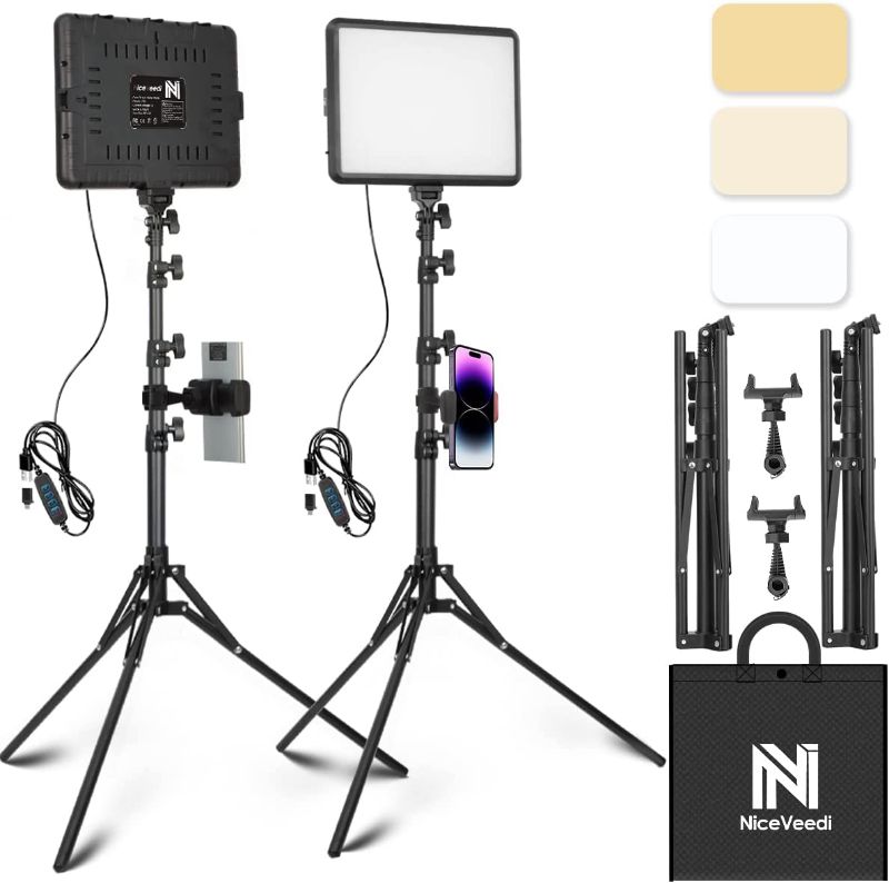 Photo 1 of 2-Pack LED Video Light Kit, NiceVeedi Studio Light, 2800-6500K Dimmable Photography Lighting Kit with Tripod Stand&Phone Holder, 73" Stream Light for Video Recording, Game Streaming, YouTube
