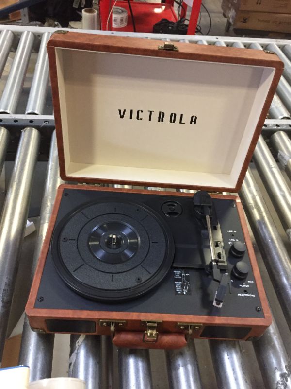 Photo 2 of Victrola Vintage 3-Speed Bluetooth Portable Suitcase Record Player with Built-in Speakers | Upgraded Turntable Audio Sound| Includes Extra Stylus | Brown Brown Record Player