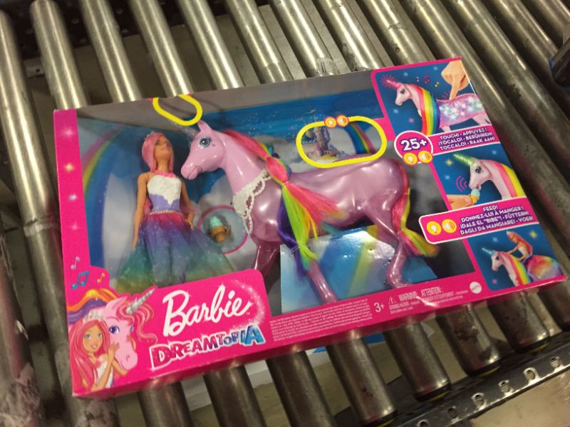 Photo 2 of Barbie Dreamtopia Magical Lights Unicorn with Rainbow Mane, Lights & Sounds, Barbie Princess Doll with Pink Hair and Food Accessory, Gift for 3 to 7 Year Olds [Amazon Exclusive]