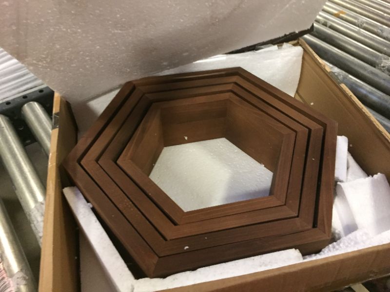 Photo 2 of Extra Large Hexagon Floating Shelves Set of 4 - Honeycomb Shelves - Octagon Shelves Rustic Brown - Wall Shelves Honeycomb Decor - Wooden Honey Comb Hexagon Shelf for Wall - Geometric Hexagonal Shelves