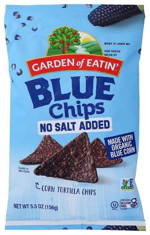 Photo 1 of 12 pack Garden of Eatin' Tortilla Chips, Unsalted, Blue Corn, 5.5 oz
best by 03/10/2023