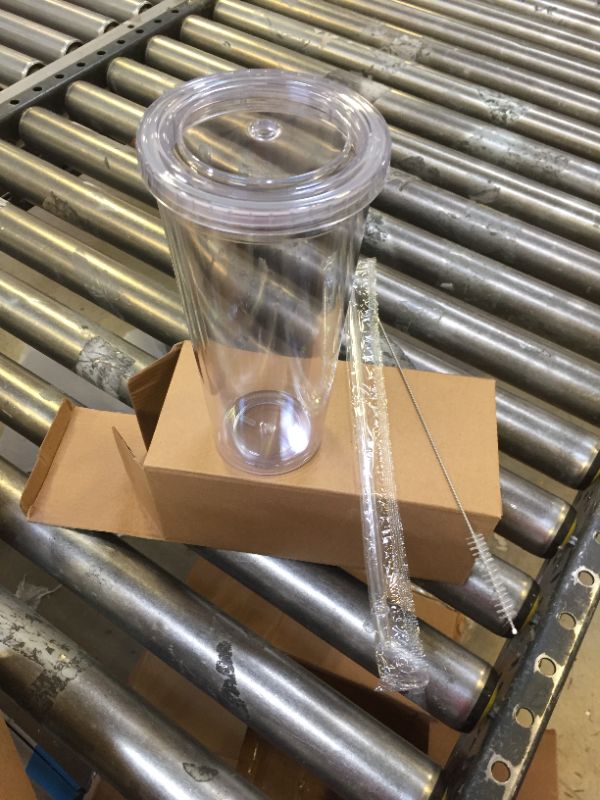 Photo 1 of Acrylic Double Wall Cup for Cold Drinks, Reusable Cups with Lids and Straws, Insulated Plastic Tumbler with Lid and Straw and Cleaning Brush, Acrylic Tumblers, 32 oz Capacity, Clear **MISSING STRAW+** 