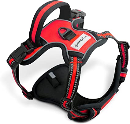 Photo 1 of FurDreams No Pull Dog Harness - Secure Padded Vest Harness, Comfortable Material with Reflective Strips, Non-Restrictive, No Choke Fit with 4 Adjustable Straps, Easy Clip On Buckle (Extra Large, Red)