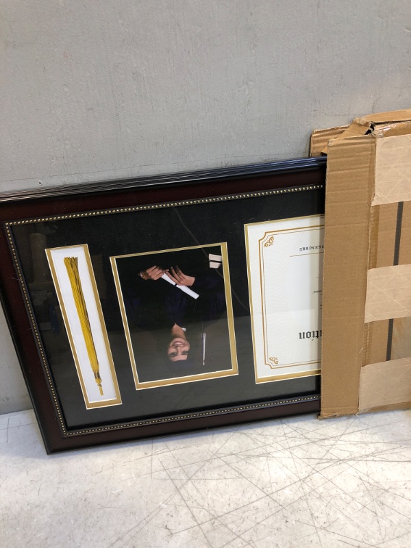 Photo 2 of GraduationMall 11x22 Mahogany Diploma Frame with Tassel Holder and Picture for 8.5x11 Certificate 5x7 Photo,Real Glass,Black Over Gold Mat Mahogany With Gold Beads Diploma + Picture + Tassel