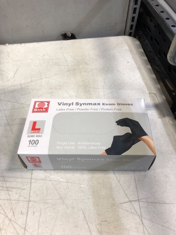 Photo 1 of Basic Medical Synmax Black Vinyl Exam Gloves, Latex-Free & Powder-Free, 100 pcs (BLACK) SIZE LARGE