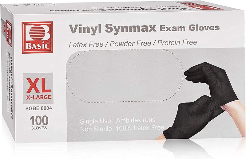 Photo 1 of Basic Medical Synmax Black Vinyl Exam Gloves, Latex-Free & Powder-Free, 100 pcs (BLACK) SIZE LARGE