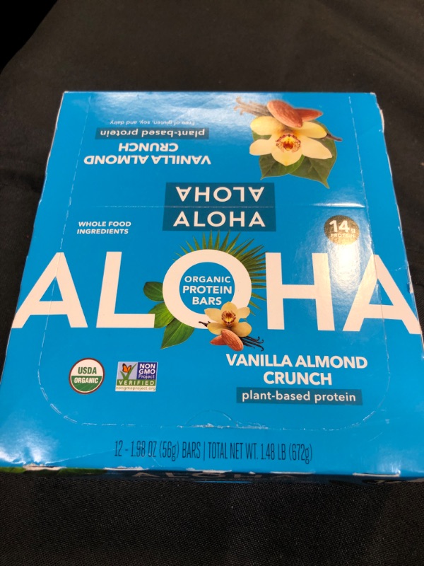 Photo 1 of ALOHA Organic Plant Based Protein Bars - Vanilla Almond Crunch - 12 Count, 1.9oz Bars - Vegan, Low Sugar, Gluten-Free, Paleo, Low Carb, Non-GMO, Stevia-Free, Soy-Free, Sugar Alcohol Free BB 3/2024