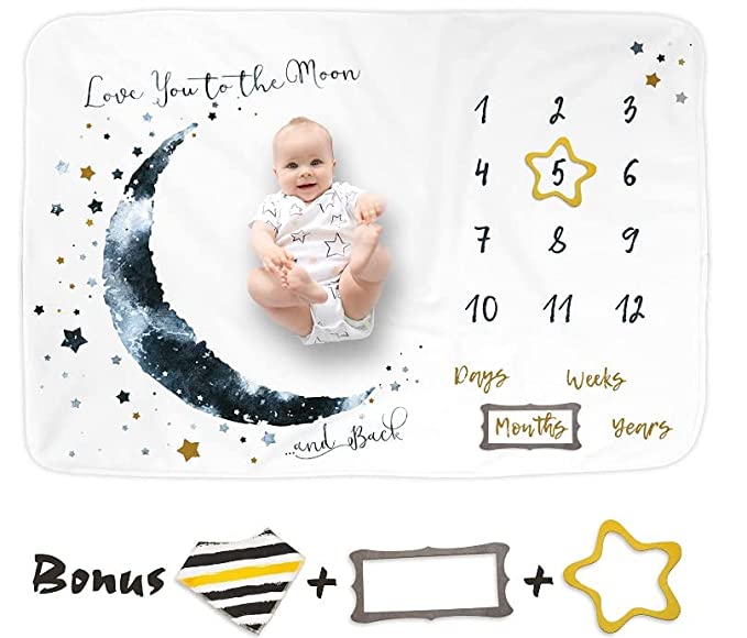 Photo 1 of  Baby Milestone Blanket Boy - 60"x40" Moon Baby Month Blanket for Boys - First Year Calendar Monthly Growth Chart - Baby Boy Shower Gifts