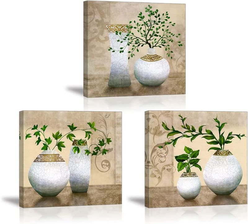 Photo 1 of 3 Piece Wall Art for Living Room, SZ Elegant Canvas Painting Prints of Green Spring Plants in White Vases on Beige/Tan Picture (Waterproof Decor, 1" Thick, Bracket Mounted Ready to Hang, Large)
