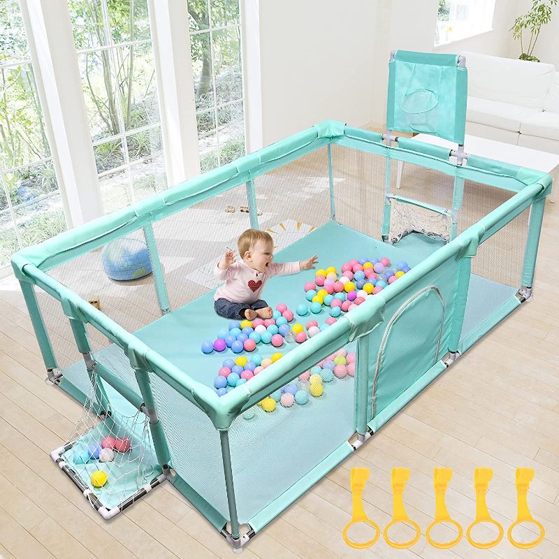 Photo 1 of GOLDGE Extra Large Playpen 63x47x26 inch, Playpen for Babies and Toddlers, with 50pcs Balls and 5 pcs Pull Up Rings, Baby Play Pen, Infant Play Yard, Playard, Kids Play Area