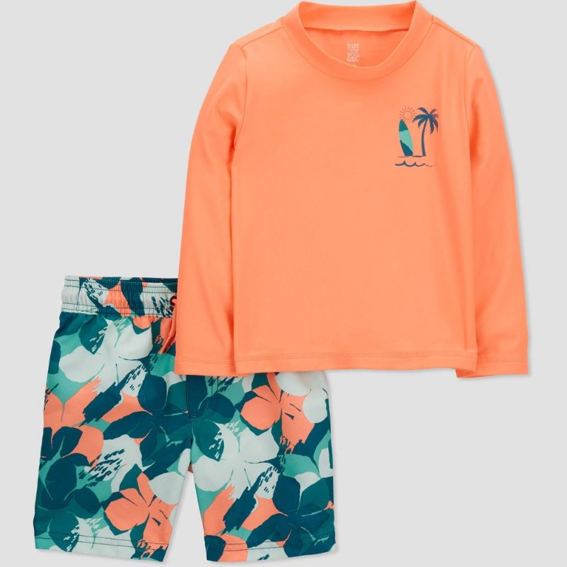 Photo 1 of Carter's Just One You® Toddler Boys' 2pc Long Sleeve Floral Print Rash Guard Set - Blue/Coral Orange 2T