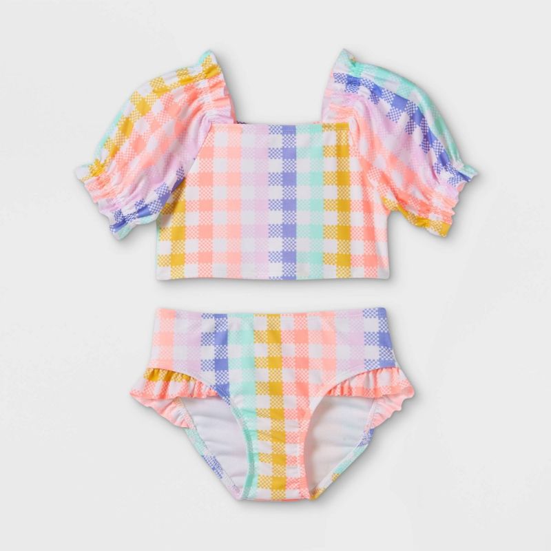 Photo 1 of Baby Girls' 2pc Gingham Check Short Puff Sleeve Rash Guard Set - Cat & Jack 5T