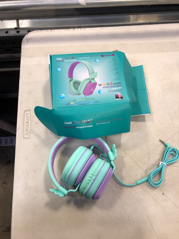 Photo 2 of Kids Headphones for School with Mic, Riwbox CS6 Folding Stereo Headphones Over Ear Wired Headset Sharing Function with Mic and Volume Control Compatible for iPad/iPhone/PC/Kindle/Tablet (Purple&Green) Purple Green