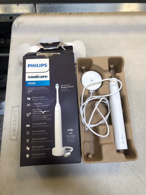 Photo 2 of Philips Sonicare 4100 Power Toothbrush, Rechargeable Electric Toothbrush with Pressure Sensor, White HX3681/23 White New 4100 (MISSING BRUSH)