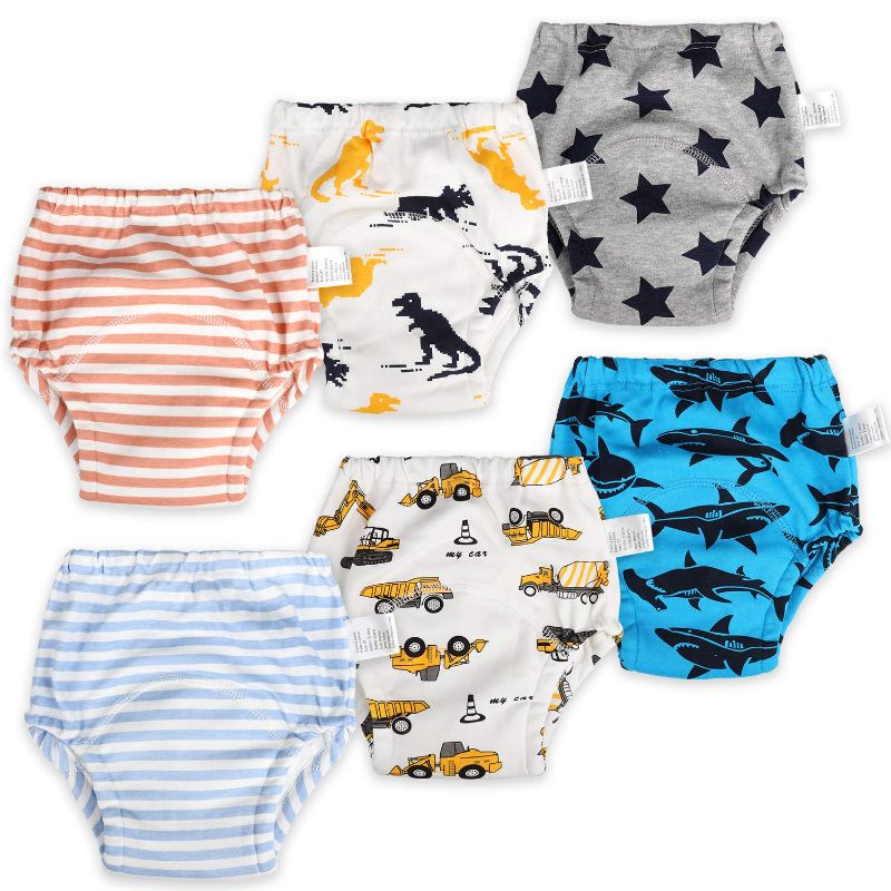 Photo 1 of MooMoo Baby 6 Packs Cotton Training Pants Reusable Toddler Potty Training Underwear for Boy and Girl Dinosaur-3T Blue
