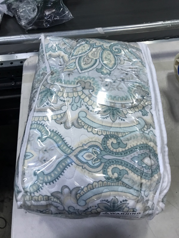 Photo 3 of 3-Piece Oversize (California) Cal King (118" X 95") Quilt Set Velvet Bedspread Coverlet Fine Printed Warm Winter Bed Cover (Pale Blue, Light Grey, Paisley) Blue, Grey, Paisley Oversize California King