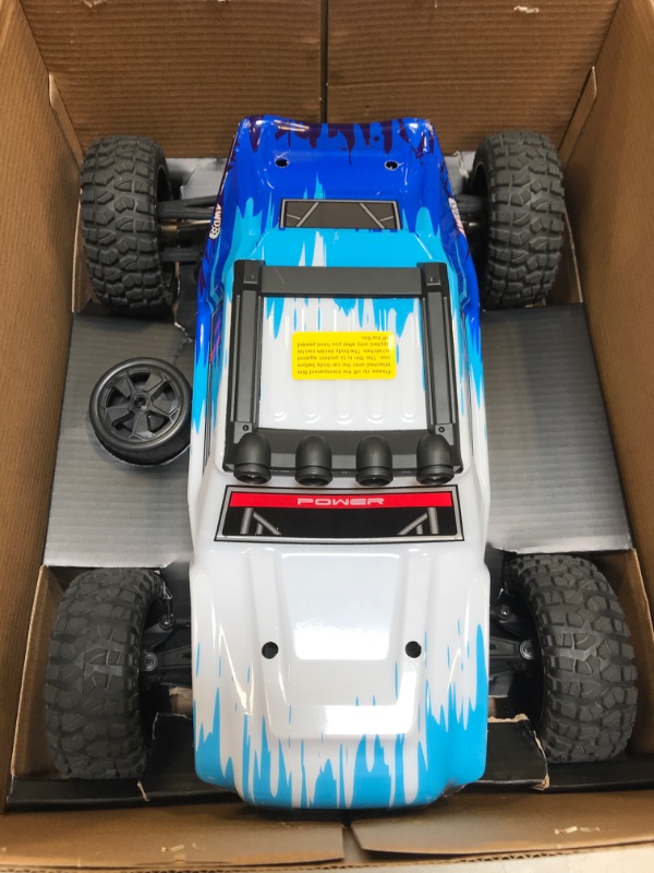 Photo 4 of BEZGAR HM124 Brushless RC Car - 1:12 Scale 52+KM/H High Speed RC Truck, 4x4 Offroad Waterproof for All Terrains, Hobby Grade Remote Control Truck for Adults and Kids Boys with 3 Rechargeable Batteries White-blue (USED) (UNABLE TO TEST) (MISSING PARTS)