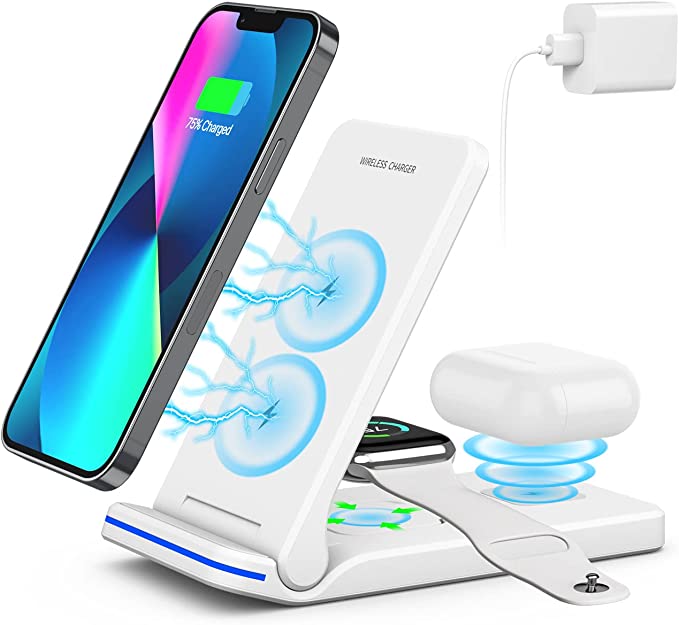 Photo 1 of Wireless Charger, 3 in 1 Fast Charging Station, Folding Wireless Charger Stand for iPhone 14,13,12,11/Pro/Max/Mini/Plus, X,XR, XS/Max,SE, 8/Plus,Apple Watch 1-8,Airpods 3/2/Pro with 18W Adapter(White)