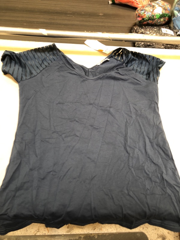 Photo 2 of AISEW Womens Long Sleeve V Neck T-Shirt Striped Sheer Mesh Raglan Tees Loose Casual Tops Medium D-dark Blue