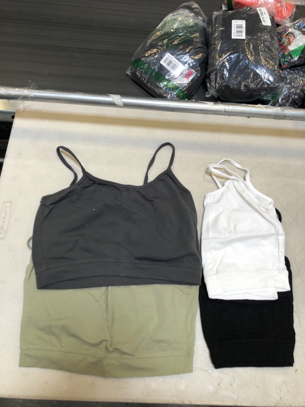 Photo 2 of 4 Pack Cropped Tank Tops for Women, Spaghetti Strap Crop Top Basic Sports Crop Cami Half Camisoles for Teen Girls Black, White, Dark Grey, Olive Small