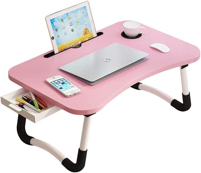 Photo 1 of Lap Desk with Storage Drawer, Holders for Cup and Tablet, Laptop Bed Tray Table with Foldable Legs, Laptop Bed Stand, Portable Standing Table for Sofa Couch Floor (23.6", Pink)
