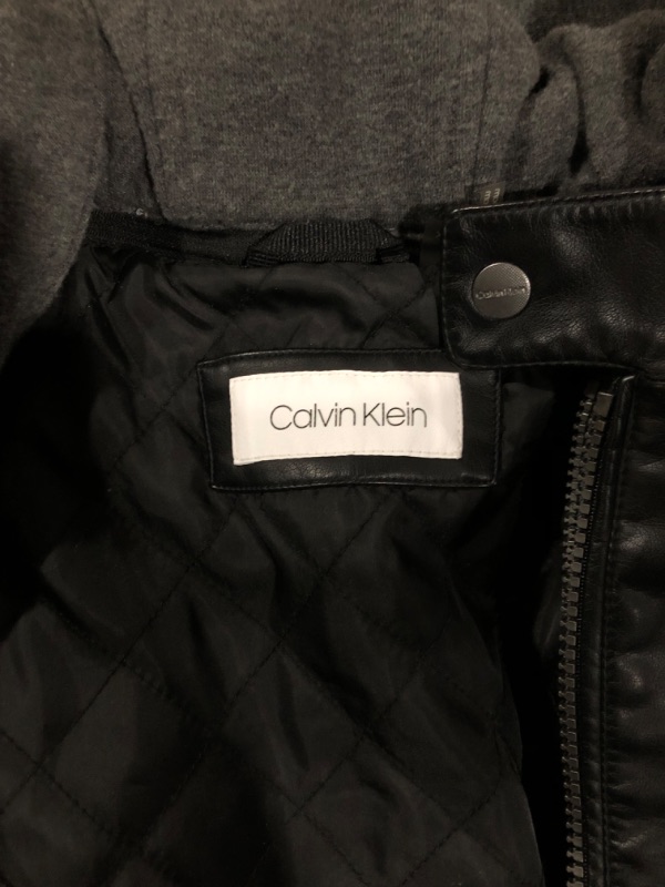 Photo 1 of Calvin Klein Men's Faux Lamb Leather Moto Jacket with Removable Hood and Bib Small Black
