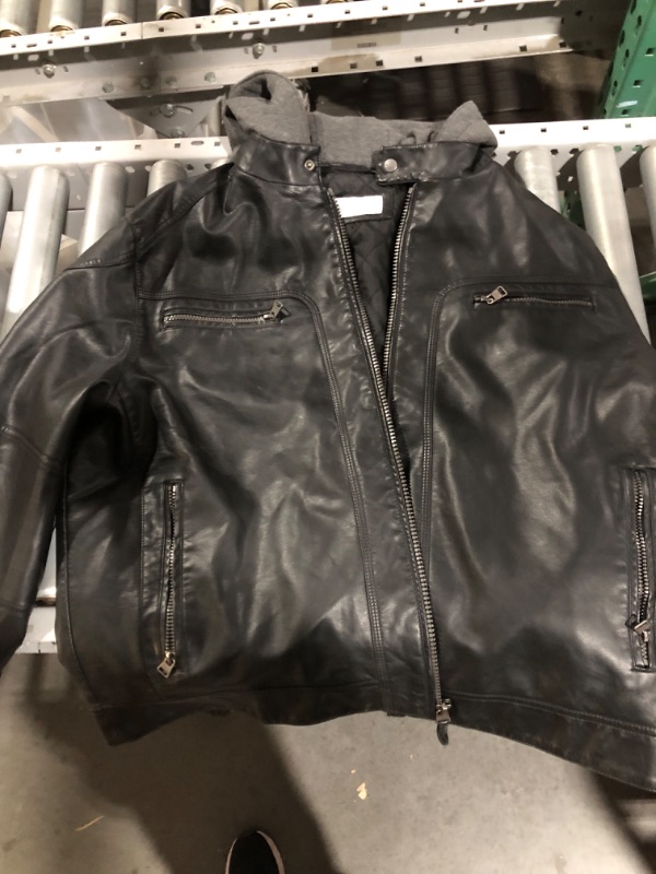 Photo 3 of Calvin Klein Men's Faux Lamb Leather Moto Jacket with Removable Hood and Bib Small Black