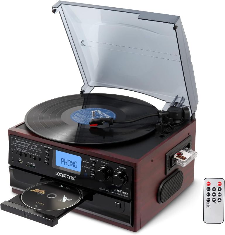 Photo 1 of LoopTone Vinyl Record Player 10 in 1 3 Speed Bluetooth Vintage Turntable CD Cassette Player 