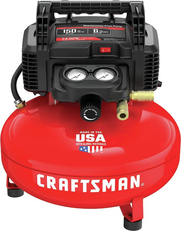 Photo 1 of ***USED - NO NOZZLES INCLUDED - POWERS ON***
Craftsman Air Compressor, 6 Gallon, Pancake, Oil-Free with 13 Piece Accessory Kit (CMEC6150K)