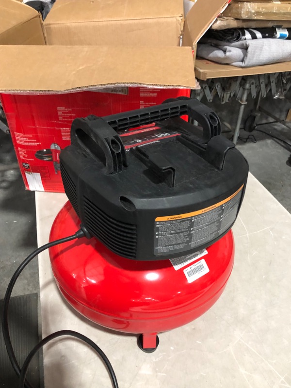 Photo 3 of ***USED - NO NOZZLES INCLUDED - POWERS ON***
Craftsman Air Compressor, 6 Gallon, Pancake, Oil-Free with 13 Piece Accessory Kit (CMEC6150K)