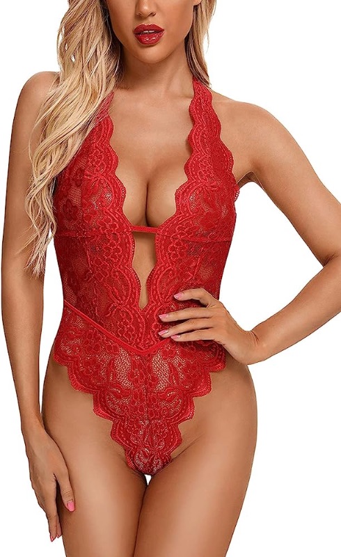 Photo 1 of Aranmei Sexy Lingerie for Women Hollow Out Floral Lace Bodysuit One Piece Red